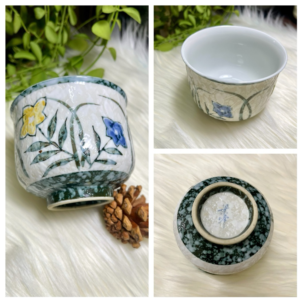 HANA HOUSE-Ly gốm men trắng rạn vẽ tay hoa lá xanh | Cốc uống trà/cà phê phong cách Nhật