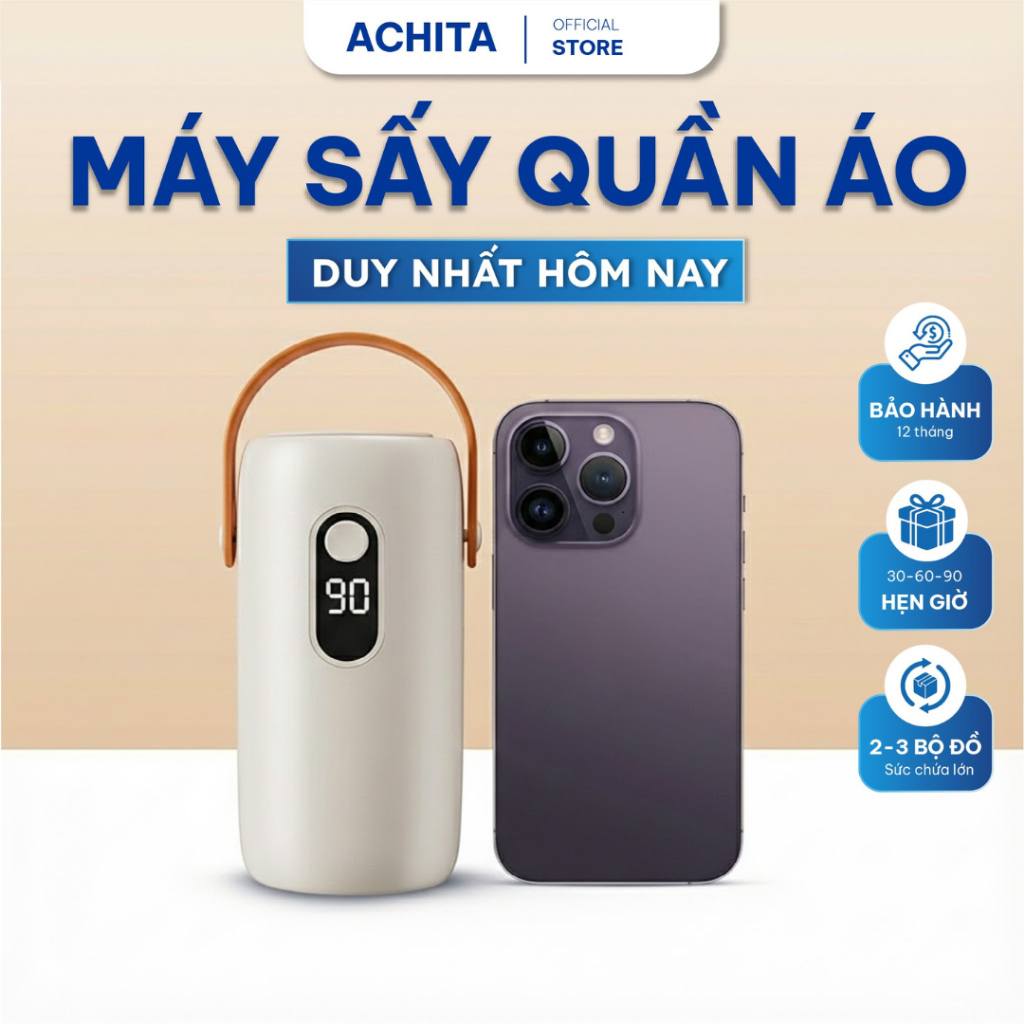 Máy sấy quần áo mini ACHITA hẹn giờ tự động, công nghệ sấy PTC 360 độ, bảo hành 12 tháng