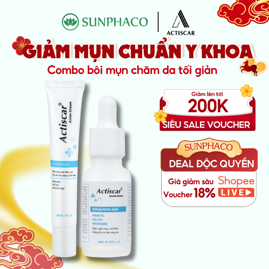 Combo Kem Serum và Miếng dán Mụn ACTISCAR Acnes Giảm Mụn Bọc Mụn Viêm, Mờ Thâm Sẹo