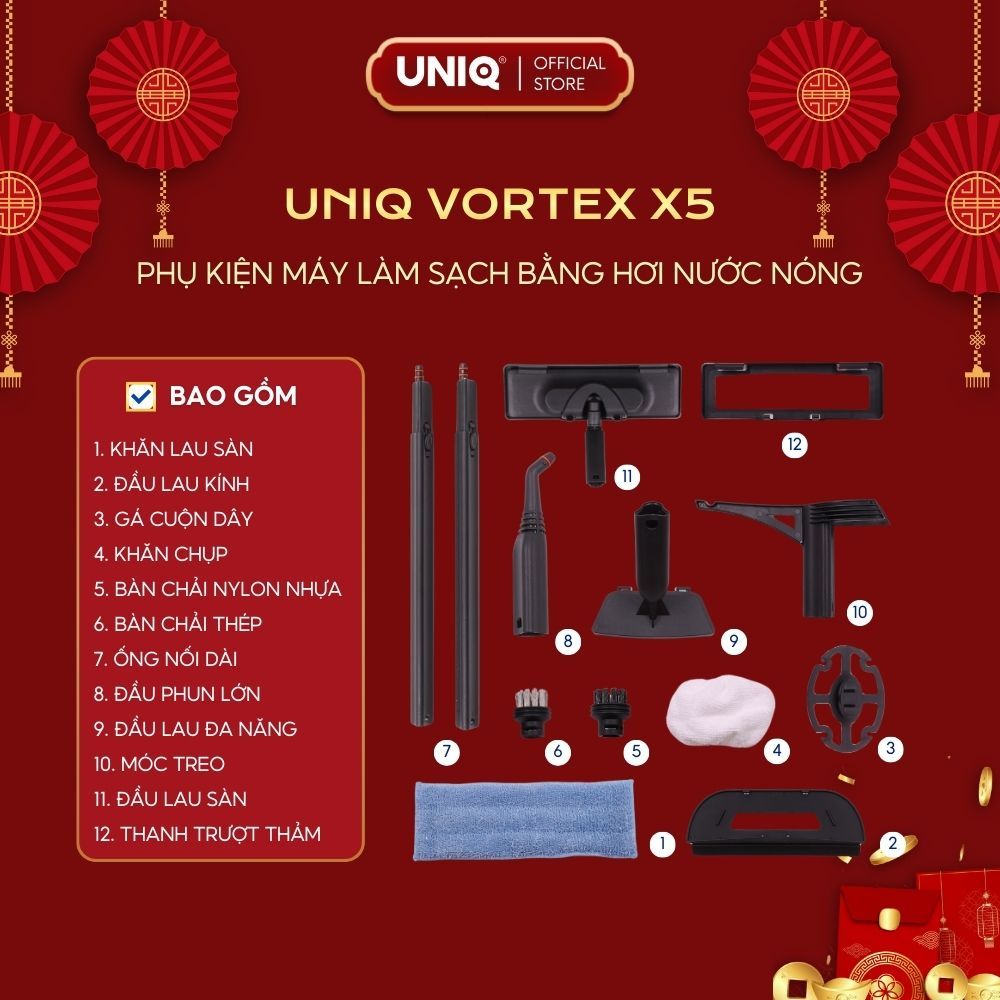 Phụ kiện máy vệ sinh hơi nước nóng UNIQ Vortex X5 2000W 1.5L xịt rửa lau nhà đa năng khử trùng diệt 