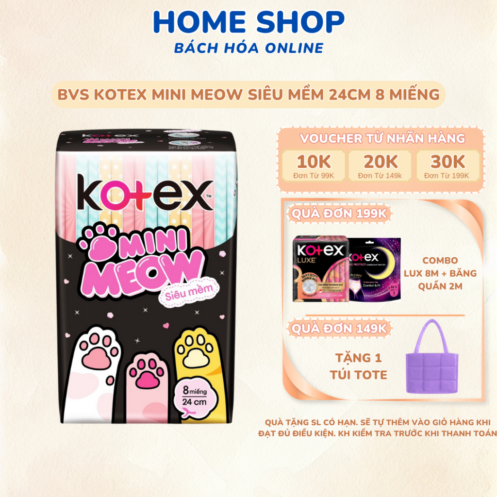 BĂNG VỆ SINH KOTEX MINIMEOW SIÊU MỎNG SIÊU MỀM CÓ CÁNH 24CM 8 MIẾNG