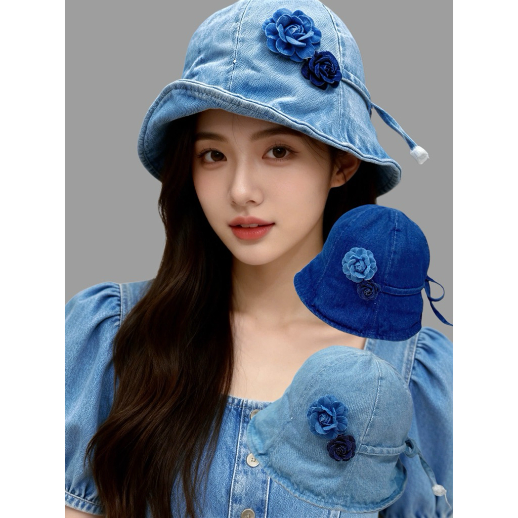 Mũ demi hoa nón bucket tai bèo vành cho nữ - bo lớn jean cột nơ - mũ bucket Jean nữ - mũ bucket bò D
