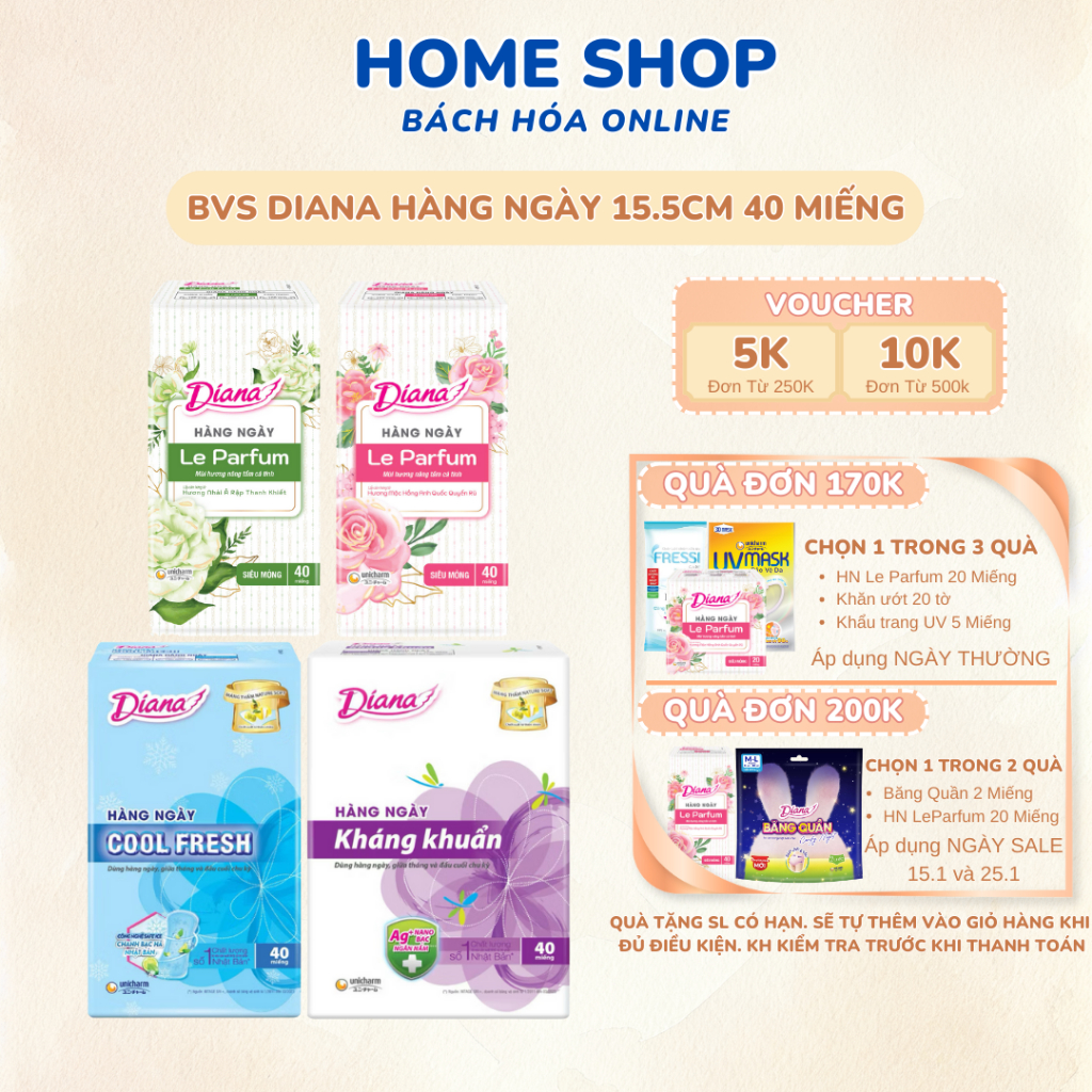 Băng Vệ Sinh Hàng Ngày Diana Sensi Kháng Khuẩn / Coolfresh / Compact 40 Miếng