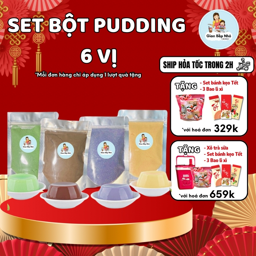 Set bột pudding 6 vị kèm công thức dễ làm (pudding trứng, socola, dâu, khoai môn, đào, matcha) - 100G/500G