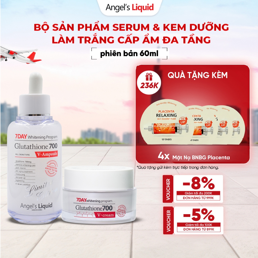 [phiên bản 60ml] Combo Serum, Kem Dưỡng Trắng Da, Cấp Ẩm Đa Tầng Angel's Liquid Glutathione 700mg + 