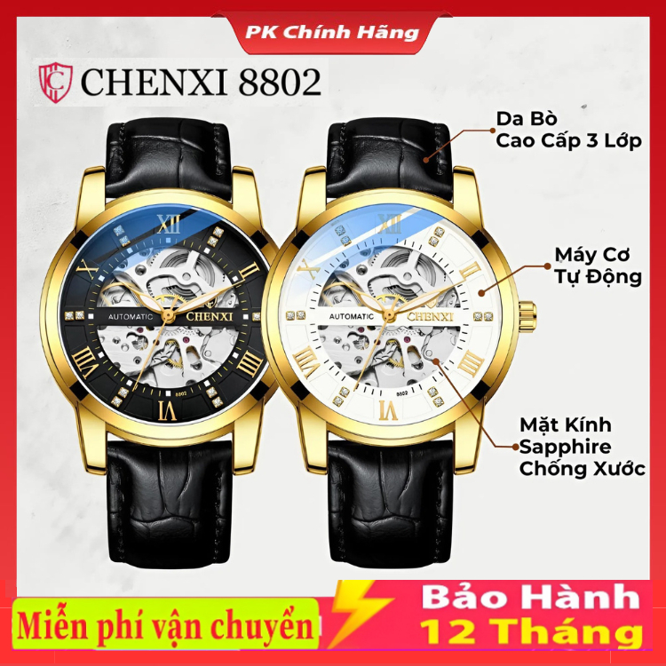 Đồng hồ cơ nam dây da chính hãng CHENXI CX-8802 đeo tay phong cách thời trang doanh nhân chống nước 