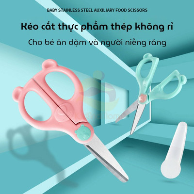 (Tặng hộp và nắp bọc) Kéo cắt thức ăn, đồ ăn cho bé Hình Gấu KidAndMom thép không rỉ an toàn vệ sinh
