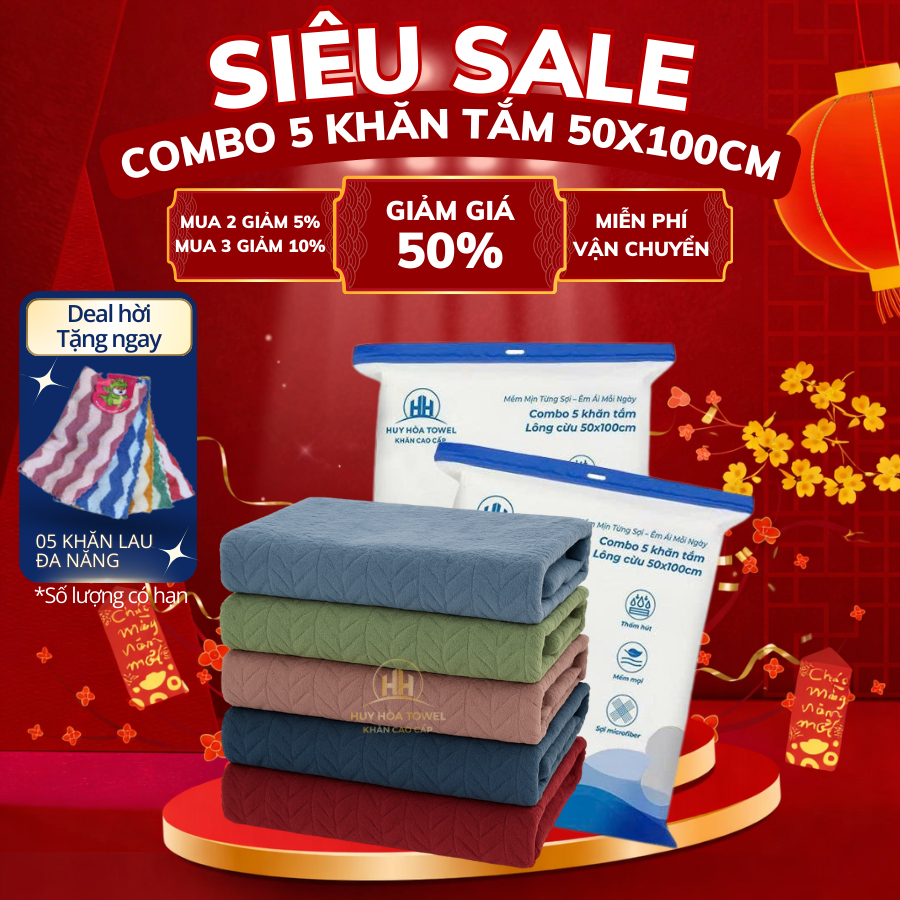 Combo 5 Khăn Tắm Lông Cừu 50x100cm Tặng 5 Khăn Đa Năng Sợi Microfiber Huy Hòa Towel Mềm Mịn Thấm Hút Tốt Không Phai Màu