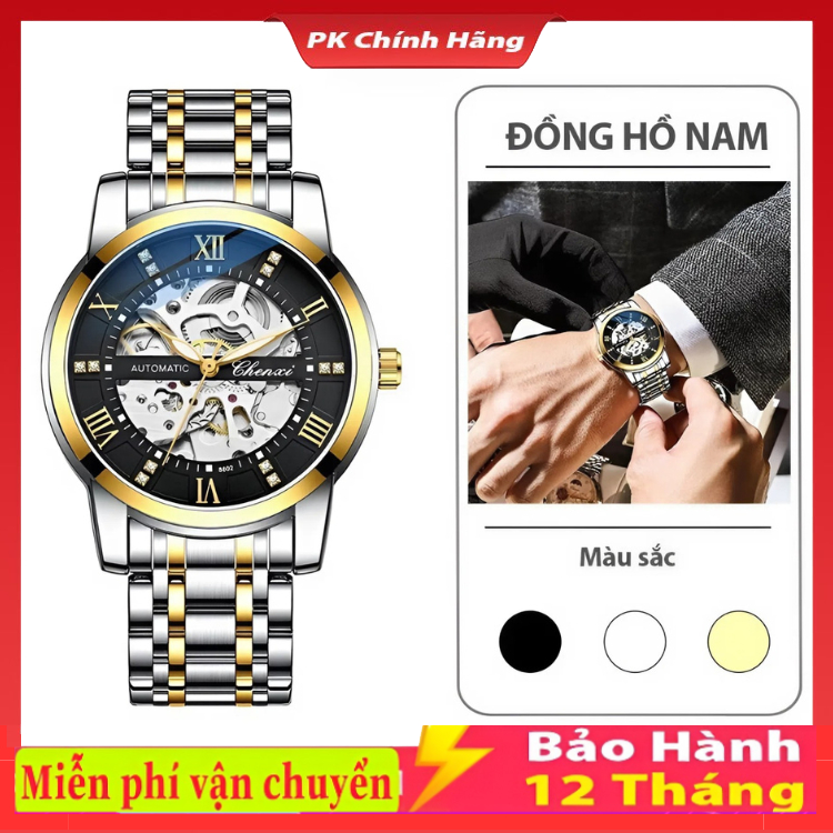 Đồng hồ cơ nam Chenxi CX8802 dây thép , đính đá cao cấp thời trang , chống nước , đồng hồ bảo hành 1