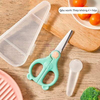 Kéo cắt thức ăn dặm cho bé inox 304 KidsWorld có kèm hộp đựng và nắp đậy an toàn tiện lợi
