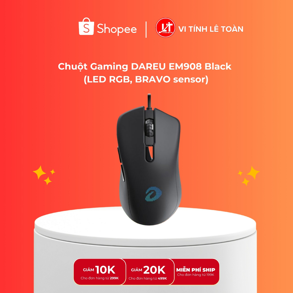 Chuột Gaming DAREU EM908 Black (LED RGB, BRAVO sensor)