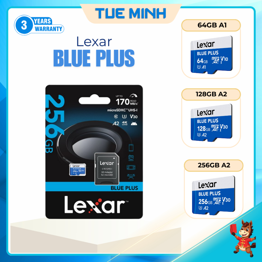 Thẻ nhớ Micro SD Lexar BLUE PLUS - UHS-I, 170MB/s U3, A2, 1160x - Hàng phân phối chính hãng