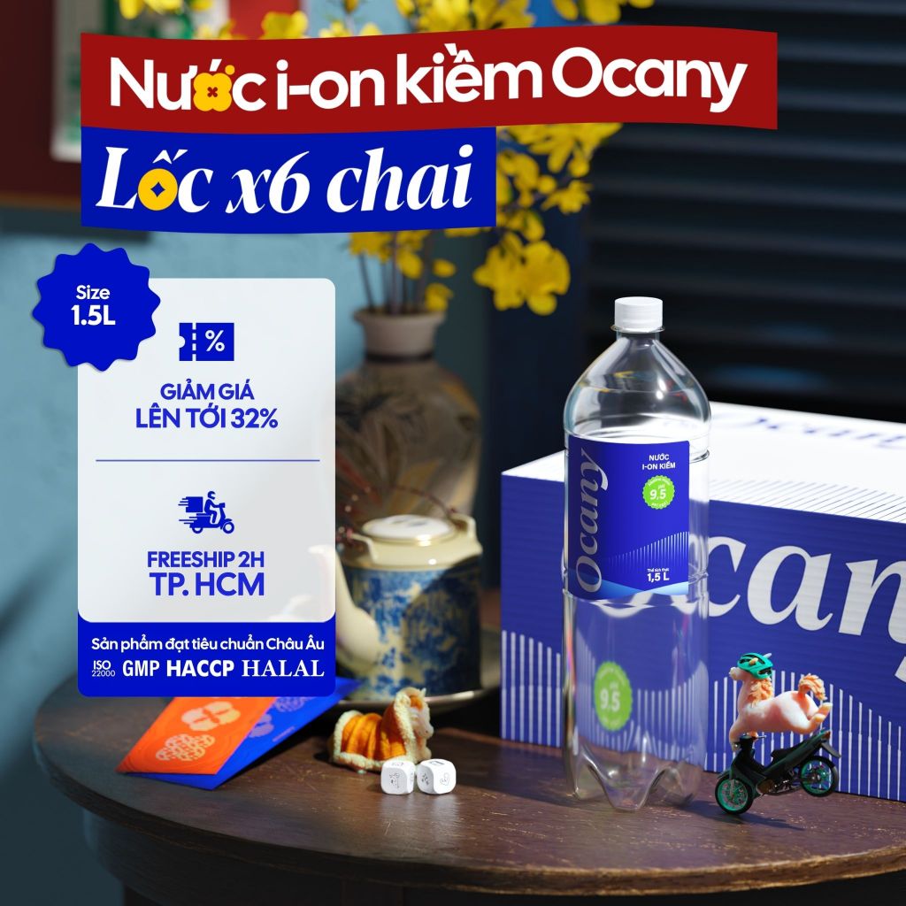 Lốc 6 chai nước ion kiềm Ocany chai 1.5l giúp trung hòa aixt dư thừa, tốt cho sức khỏe