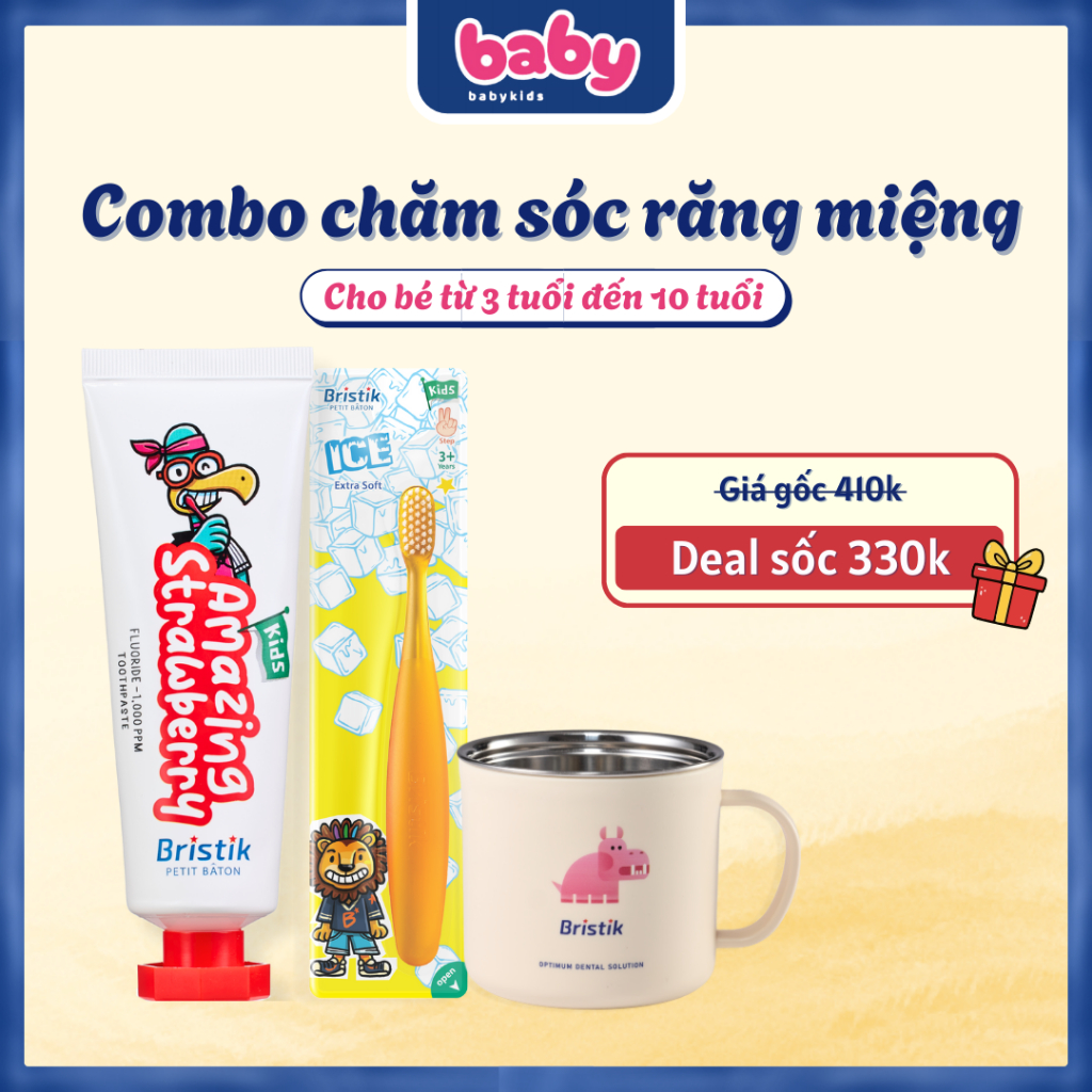Combo Chăm Sóc Răng Miệng Cho Bé 3 - 10 Tuổi Bristik Hữu Cơ|Ngừa Sâu Răng Kem Đánh Răng+Bàn Chải+Ly