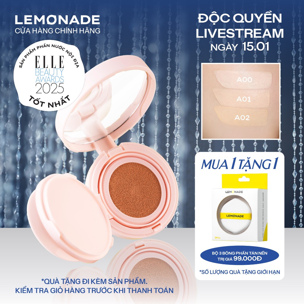 [LIVESTREAM KOL] Combo Lemonade Phấn Nước Siêu Kiềm Dầu Supermatte Cushion 15g, Set 3 bông phấn tán 