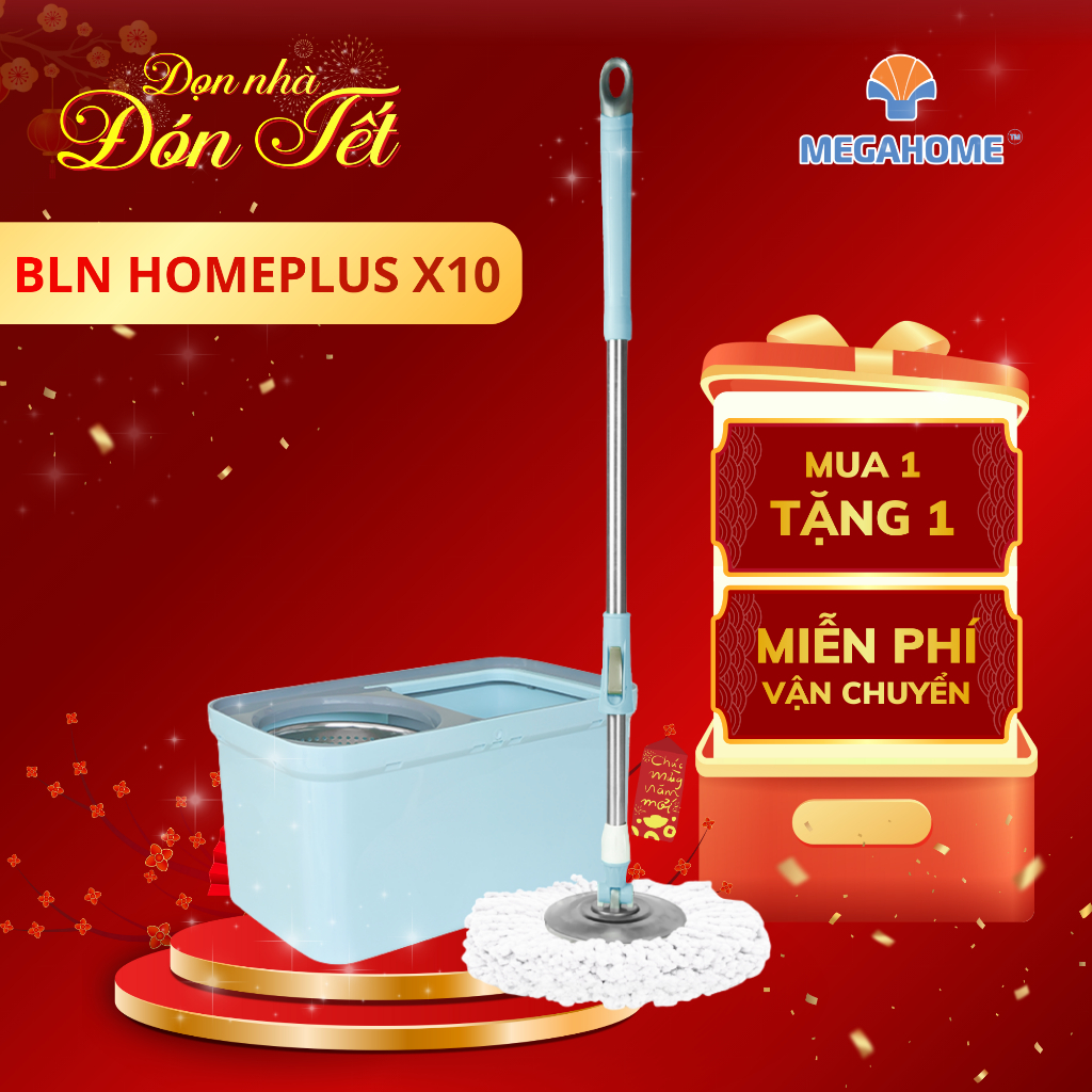 [Tặng 1 bông] Bộ lau nhà Homeplus X10 Megahome dung tích 20l, lồng vắt inox, mâm inox, xoay 360 độ