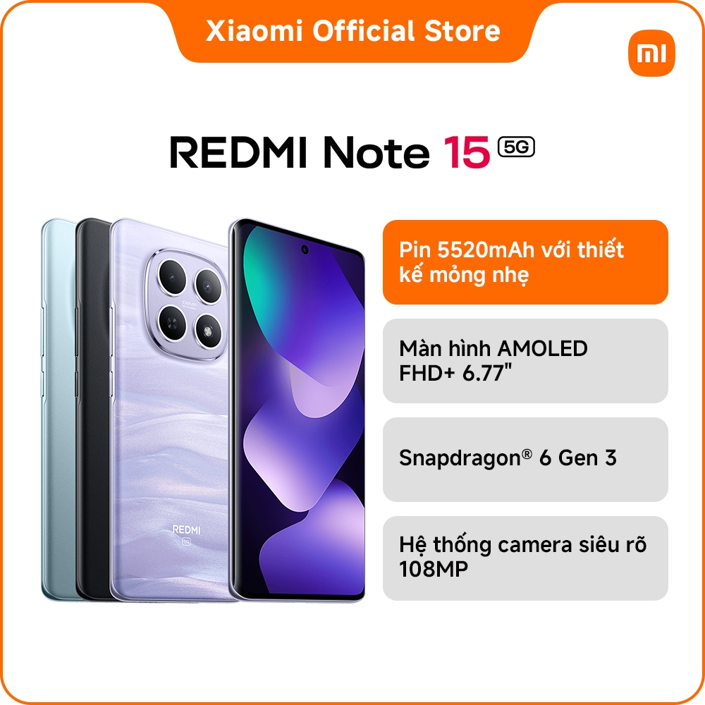 Điện thoại thông minh Redmi Note 15 5G (6+128GB|8+256GB)|Pin 5520mAh với thiết kế mỏng nhẹ | BigBuy360 - bigbuy360.vn