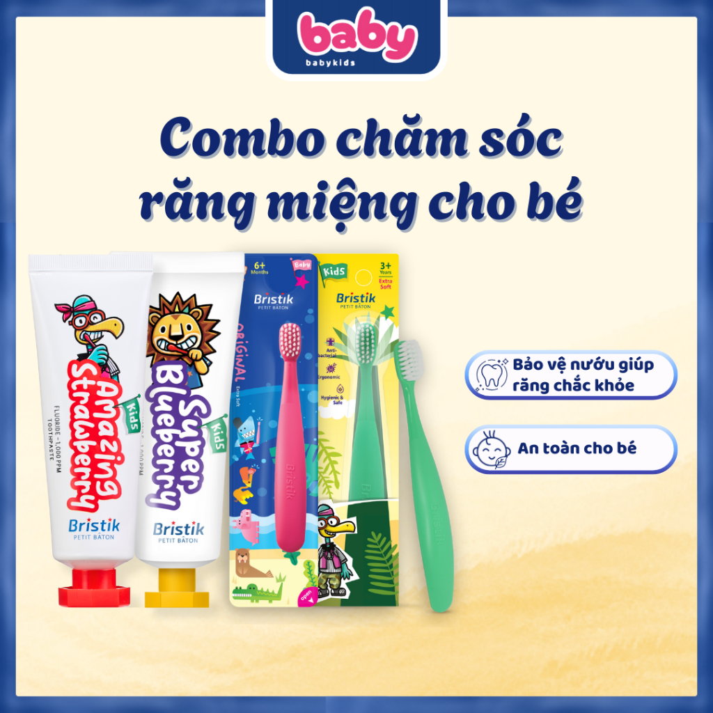 Combo Chăm Sóc Răng Miệng Bristik Bàn Chải +Kem Đánh Răng Hàn Quốc Cho Bé Hữu Cơ Giúp Chống Sâu Răng