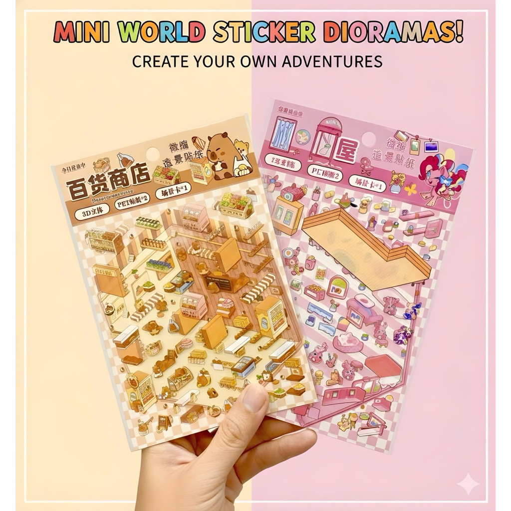 Set 2 tấm Scene Sticker 3D 1T, hình dán cảnh quan Scene, trang trí phong cách Hàn Quốc, giảm stress