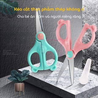 Kéo cắt thức ăn cho bé, Kéo cắt đồ ăn inox 304 Mingo có kèm hộp và bọc lưỡi inox 304 an toàn