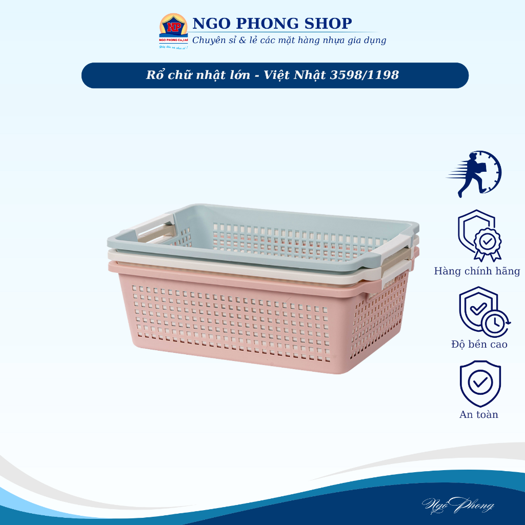 Rổ chữ nhật lớn Việt Nhật 3598 – Rổ đựng đồ đa năng, nhựa PP nguyên sinh, an toàn tiện lợi.