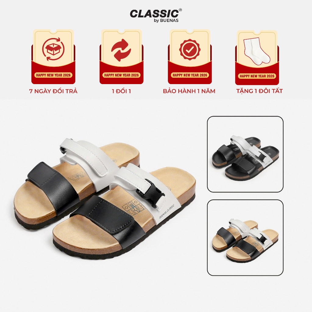 Dép đế trấu nam nữ BU07 quai da cao cấp, dép quai ngang Buenas Classic công sở, thanh lịch