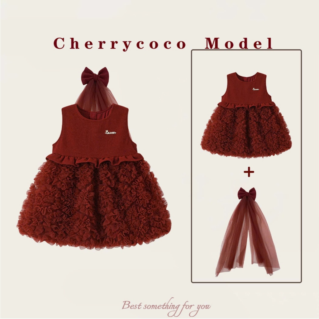 (HÀNG SẴN) Sét Váy Bé Giá Cherry Coco bồng xếp tầng Đỏ Kèm Kẹp tóc Nơ (26coco01)