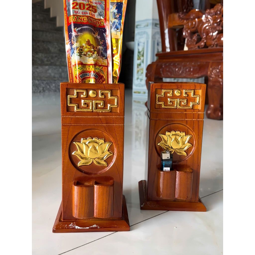 Ống đựng nhang sen vàng, ống nhang tài lộc, ống đựng nhang có chỗ để hộp quẹt tiện lợi