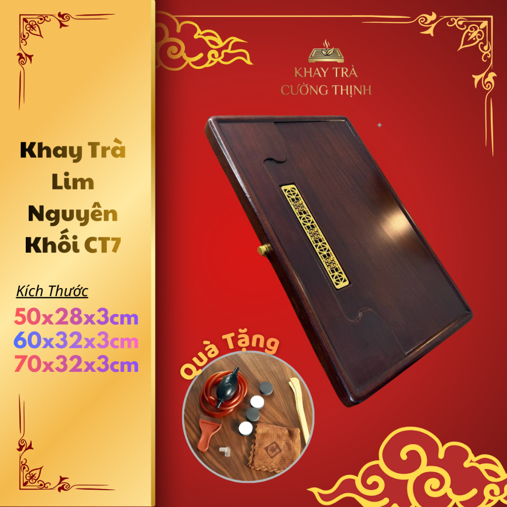 Khay Trà Cường Thịnh CT7 – Khay Trà Gỗ Lim Nguyên Khối Khắc Chữ Thư Pháp Cao Cấp, Màu Gỗ Lim Tự Nhiê
