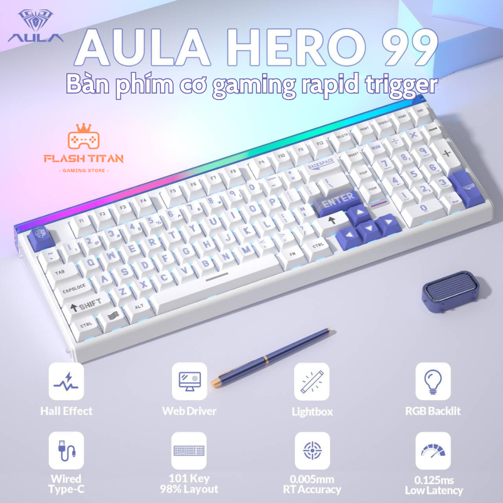 Bàn Phím Cơ Gaming Aula Hero99 HE - Rapid Trigger - Switch Nam Châm 8k Polling Rate - RT 0.005mm