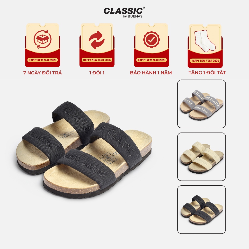 Dép đế trấu nam nữ BK07 quai ngang vải khaki, thêu chữ Buenas Classic - BK07