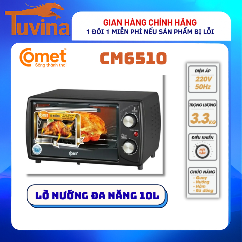Lò Nướng Điện Comet CM6510 10L 1000W – Nhiệt 100-250°C – Hẹn Giờ 30 Phút – Núm Xoay Cơ