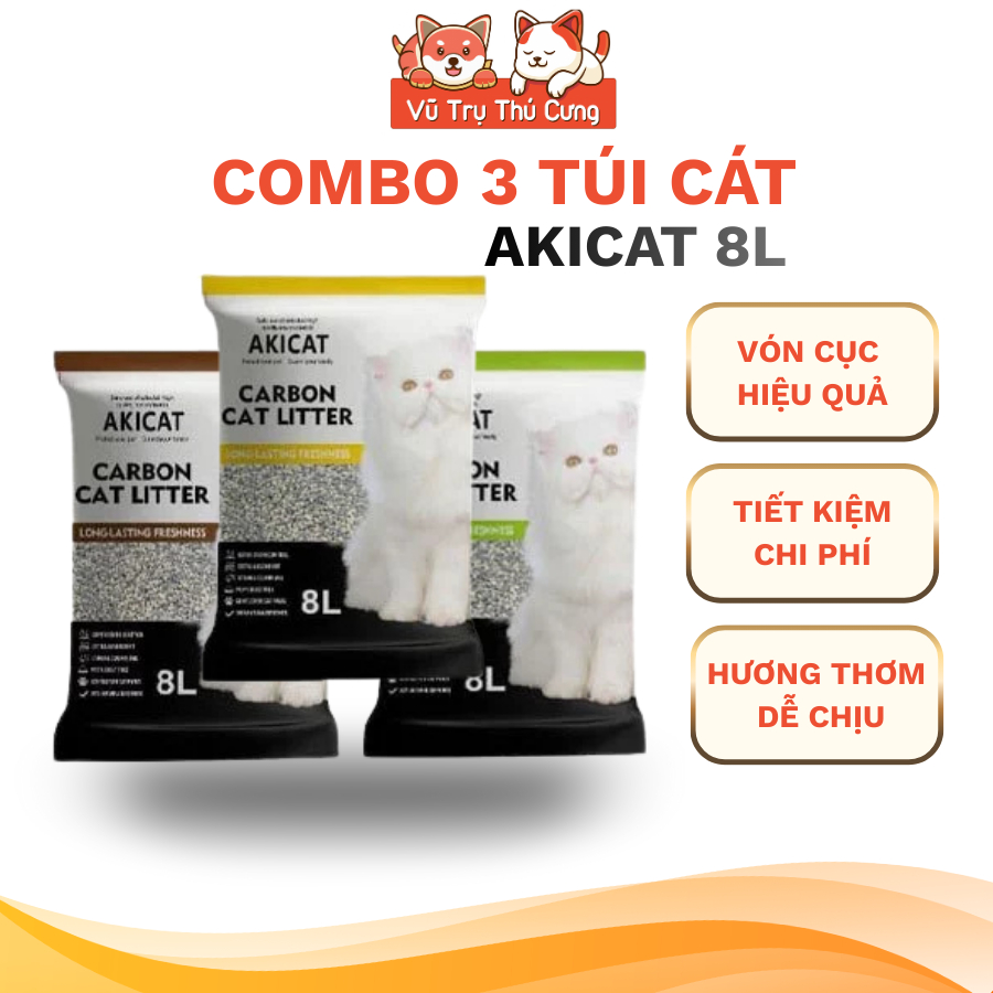 Combo 3 túi Cát vệ sinh cho Mèo than hoạt tính Akicat 8L