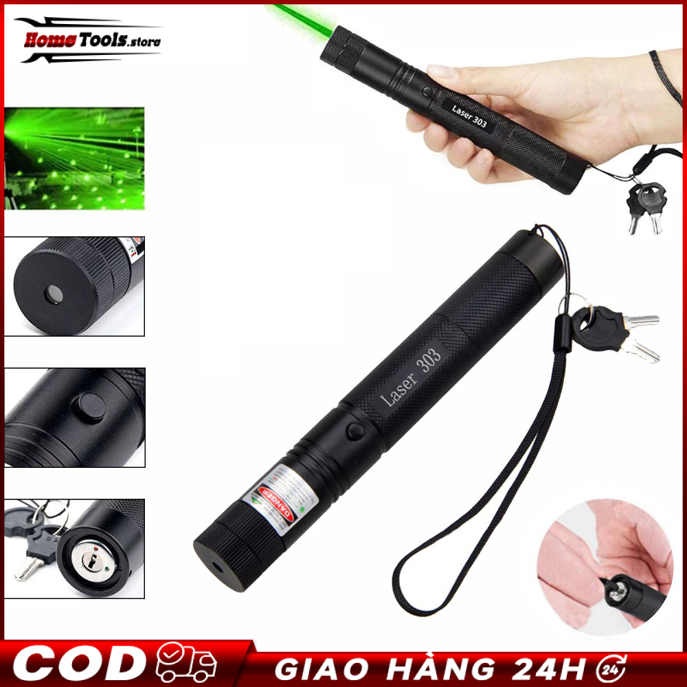 Đèn pin laser 303 siêu sáng gồm pin, sạc  Đèn lazer 303 tia Xanh lá