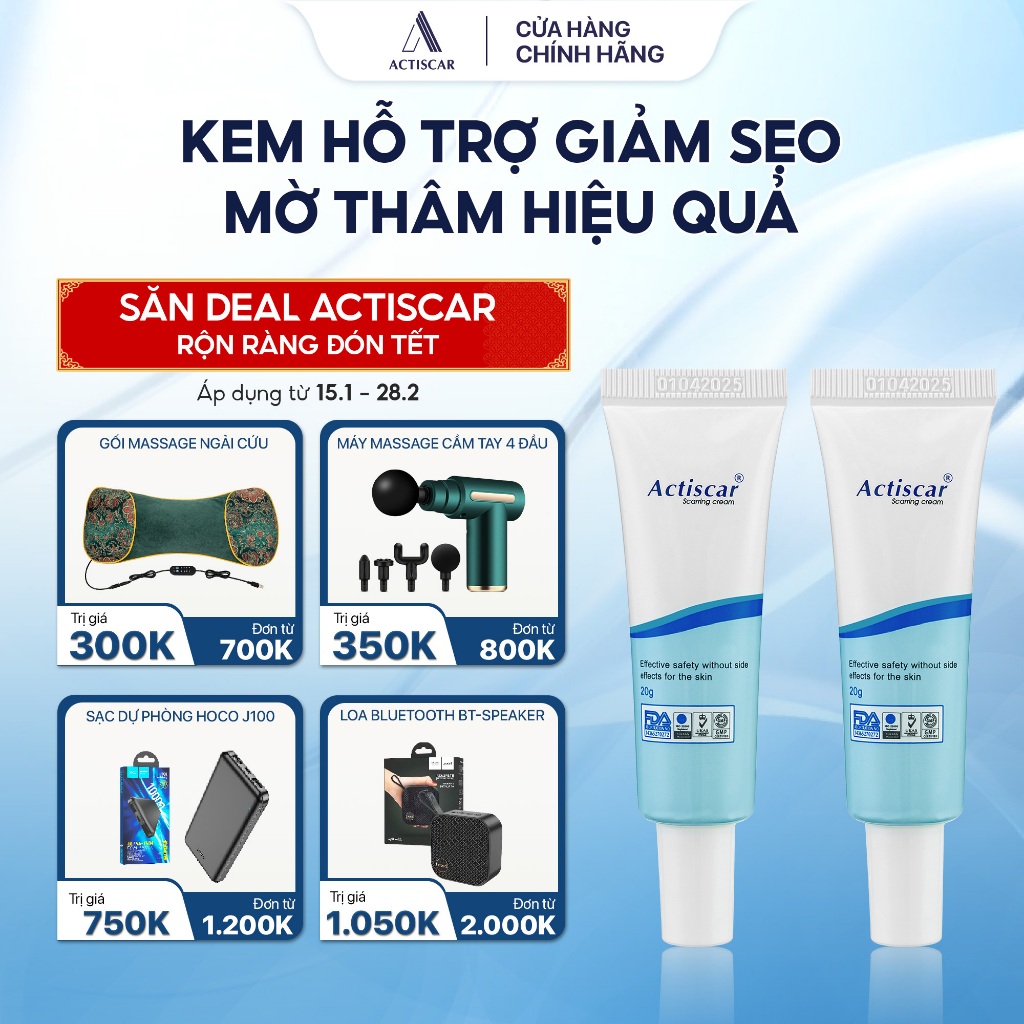 Bộ 2 Kem Hỗ Trợ Làm Mờ Sẹo Actiscar Làm Mờ Sẹo Lồi/ Thâm / Rỗ / Lõm / 20g