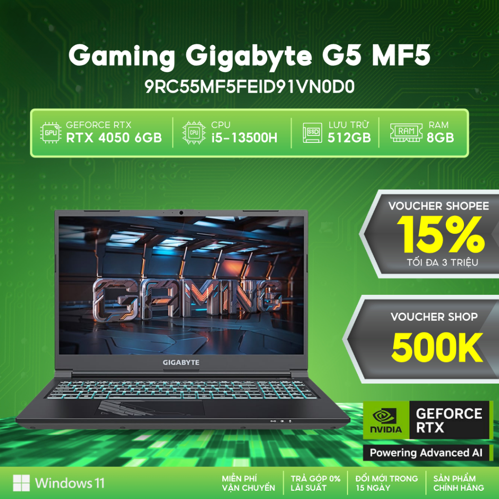 Laptop Gigabyte G5 MF5 9RC55MF5FEID91VN0D0 Card đồ họa GeForce RTX™ 4050 6GB | Chip i5-13500H