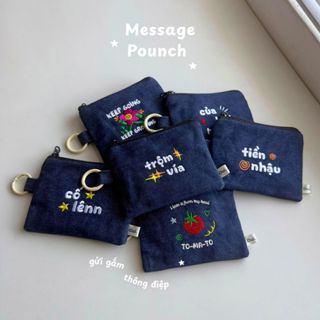 Túi Mini Denim Thêu Chữ Dễ Thương, Tích Cực - Oui.Gift - Dùng Đựng Mỹ Phẩm, Đựng Tiền, Làm Charm Túi Xách, Balo Phù Hợp
