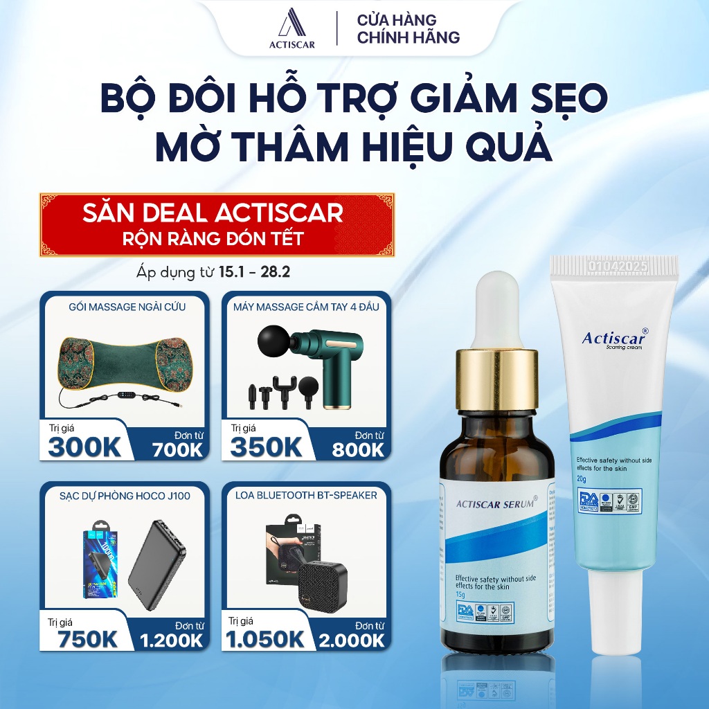 Kem và Serum Hỗ Trợ Mờ Sẹo Actiscar làm mờ sẹo Lồi, Sẹo Lõm, Sẹo Rỗ, Sẹo Thâm Lâu Năm