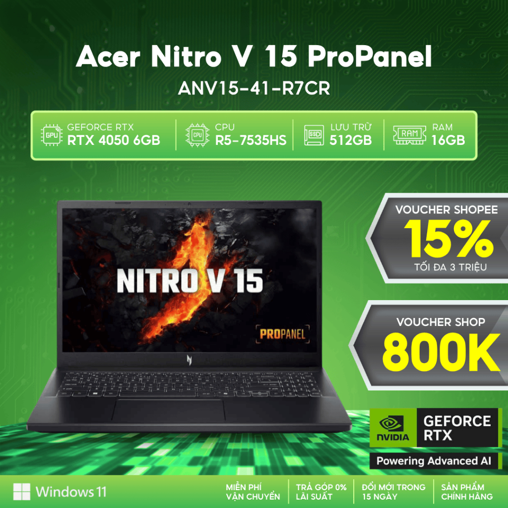 Laptop Gaming Acer Nitro V 15 ProPanel ANV15-41-R7CR Card đồ họa GeForce RTX™ 4050 6GB Chip AMD R5-7