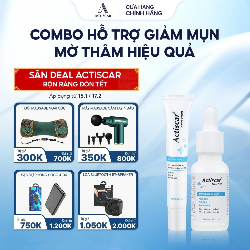 Combo kem và serum chấm mụn chuyên sâu Actiscar Acness 20g giúp cải thiện mụn, thâm , viêm