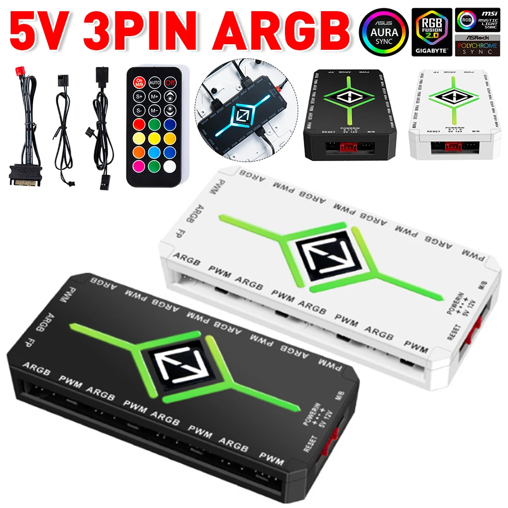 Hub 9 Quạt PWM ARGB 5V 3Pin | Remote Nhiều Chế Độ, 1 Nút Chuyển Sync Mainboard, Hub Có LED