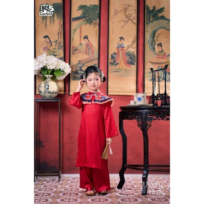 Áo Dài Tết K'S CLOSET Lụa Hoa Mai Có Kèm Quần Và Cổ Áo Dời Cho Bé Gái (2-12 tuổi) từ 10kg-46kg KT314FIF