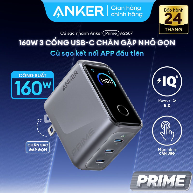 Củ sạc nhanh Anker Prime 160W | 3 cổng USB-C | Màn hình cảm ứng thông minh | Hỗ trợ App | Sạc nhanh 