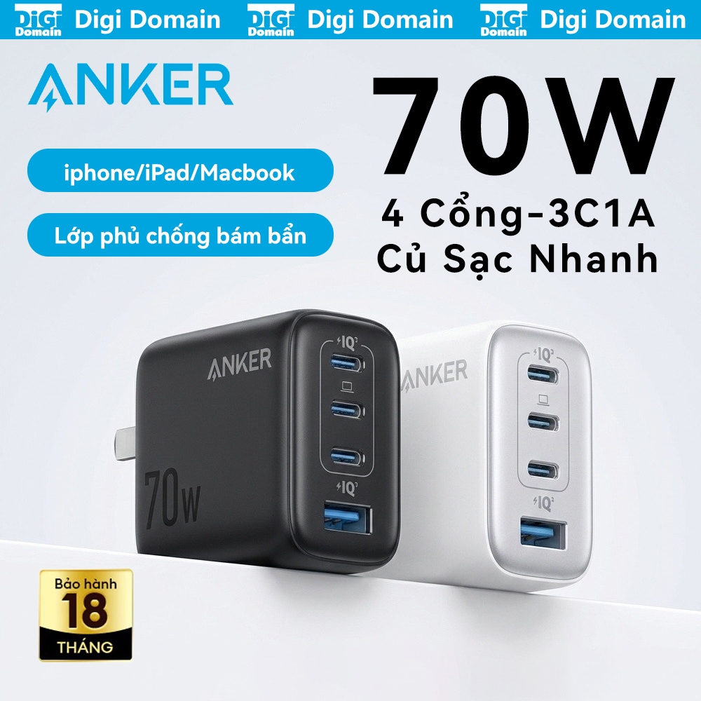 Anker A121C Củ sạc nhanh 4 cổng 70W - PD sạc nhanh không nóng, tương thích iPhone, Android, laptop, bảo hành 18 tháng