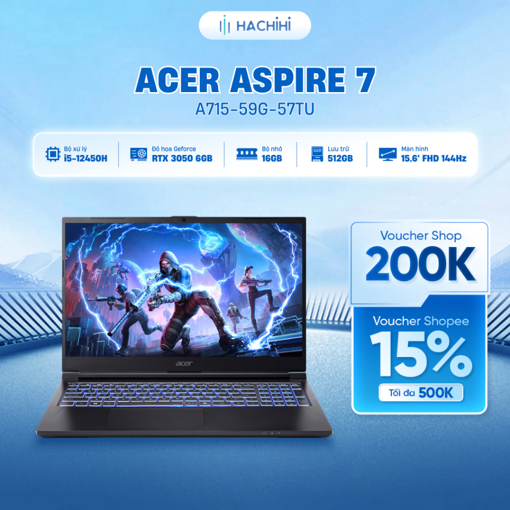 Laptop Gaming Acer Aspire 7 A715-59G-57TU i5-12450H | RTX™ 3050 6GB | 16GB | 512GB | 15.6' FHD 144Hz