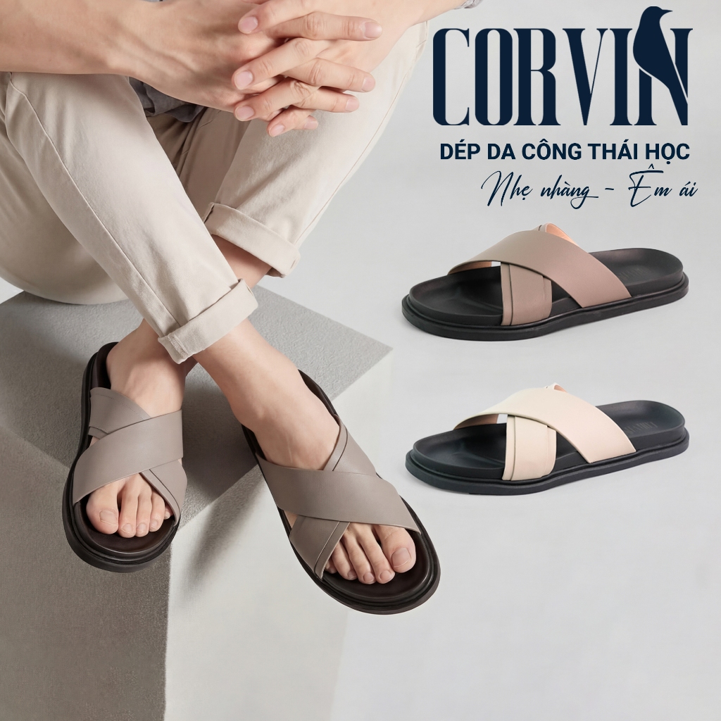Dép da nam quai chéo CORVIN dép công thái học thoáng khí, đế cao su bền bỉ chống thấm nước, chống tr