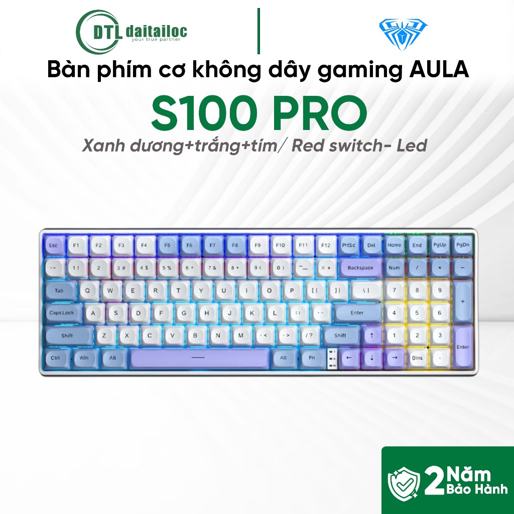 Bàn phím cơ không dây gaming 3 Mode AULA S100 PRO - Xanh dương+trắng+tím, Red switch - led