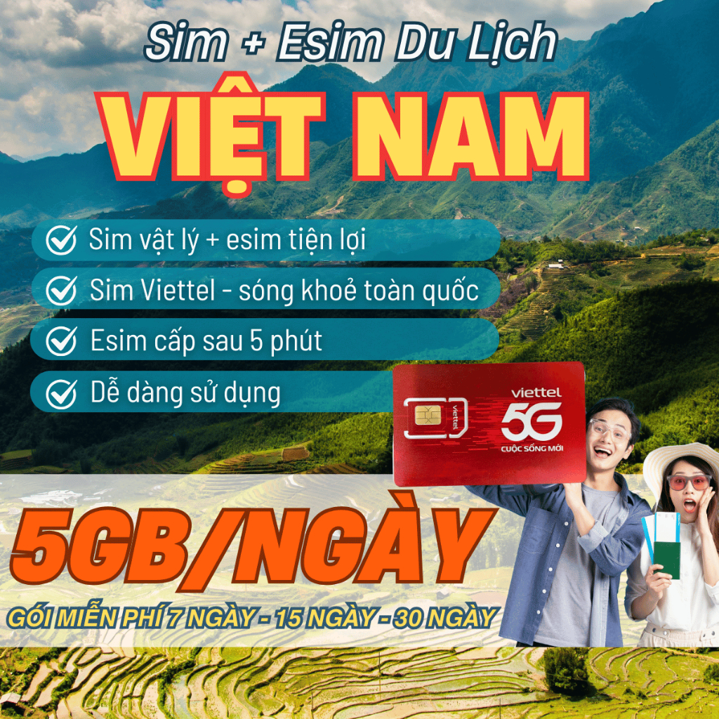 [ Miễn phí 1 Tháng ] Sim Viettel 4G 5G Tặng 5GB/ngày Sử Dụng Mạng Full Tốc Độ Cao - Sim Du Lịch Dùng