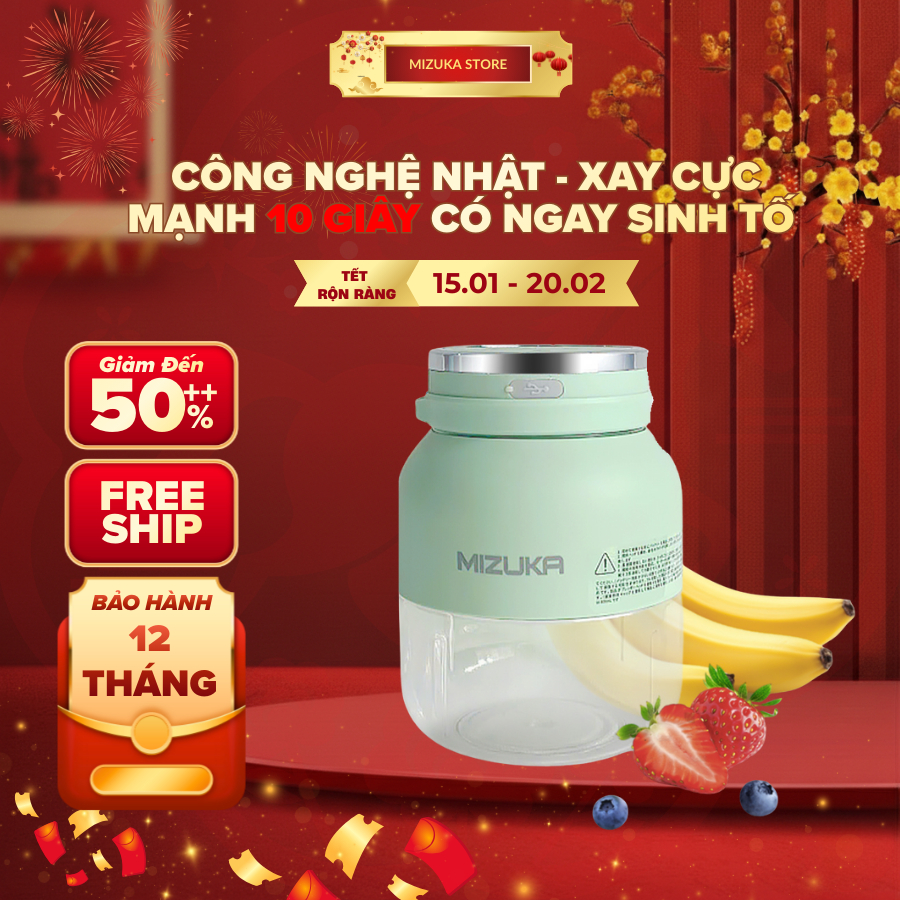 Máy xay sinh tố đa năng cầm tay Mizuka 500ml 2in1, nắp chống tràn, lưỡi dao inox siêu bén, pin 3000mAh