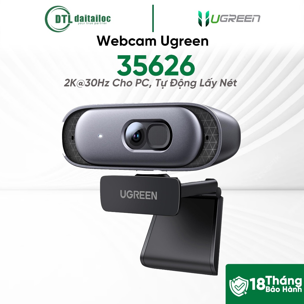 Webcam cho PC Ugreen 35626 - Webcam tự động lấy nét hỗ trợ 2K@30Hz, Full HD 1080p@60fps | Chính Hãng